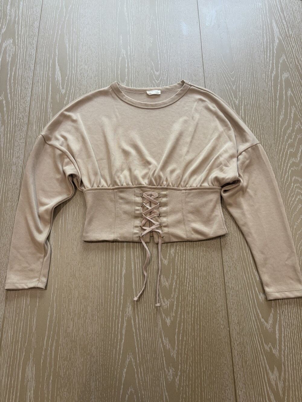 Zara Top Womens Medium Tan Corset Lace Up Long Sleeve Cropped Ribbed Knit